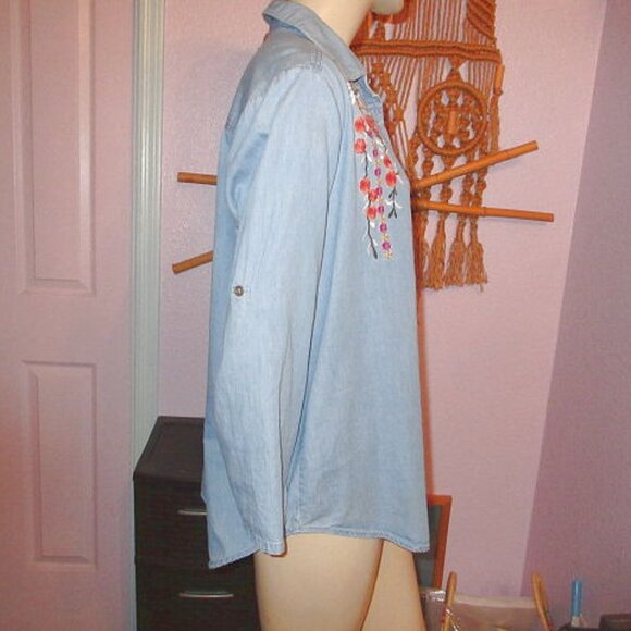 Vtg Embroidered Chambray Denim Shirt Size XL Tunic Top Bloomcore Boho Western - Picture 6 of 11